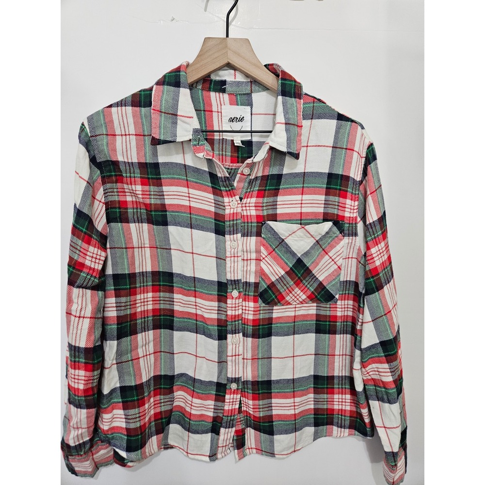 Aerie Womens Red Green White Plaid Flannel Button Down Shirt Small S Holiday